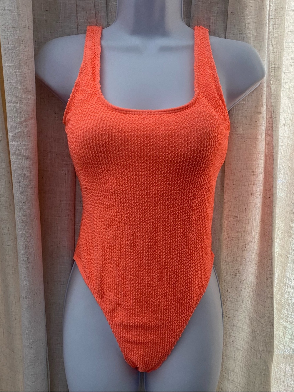 Neon Orange Textured One-Piece Swimsuit - Size Small - Crinkle Fabric